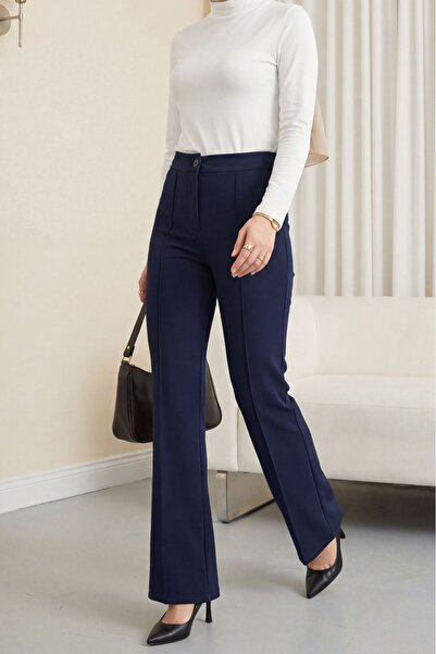 Modamorfo Pantaloni Palazzo din Lycra cu nasturi și talie elastică - bleumarin
