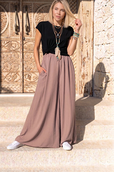 Pasaklı Giyim Women's Mink, Crepe Pockets, Elastic Waist, Wide Leg Pants 700-...