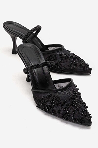 CCWAY AYAKKABI Women's Mesh Stoned Thin Heeled Slippers Black