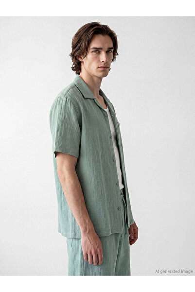 LC Waikiki Nevavm Loose Fit Resort Collar Muslin Men's Shirt with a Difference
