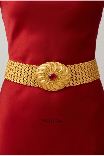 Parılda طراز التوت - حزام نسائي مطلي بالذهب (مشبك من حجر الزركون الأحمر) - 7 صفوف (Enli)
