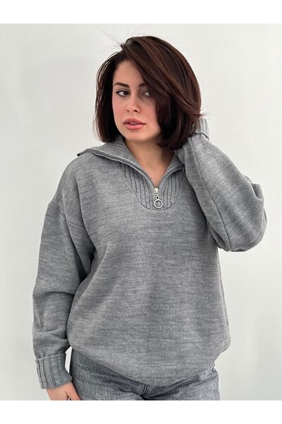 iveo Gri Yarım Fermuarlı Triko Sweat