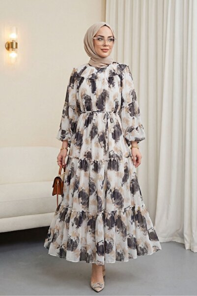 Modamorfo Φόρεμα σιφόν με σχέδια, με κορδόνια και επένδυση - μαύρο