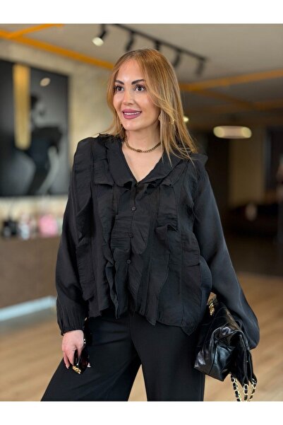 OXEDCO Γυναικείο παστέλ διαφανές μεταξένιο πουκάμισο με λεπτομέρεια βολάν