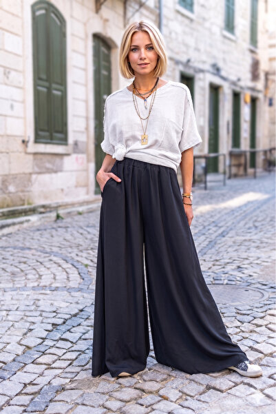 Pasaklı Giyim Women's Black Crepe Pants with Pockets, Elastic Waist, Wide Leg...