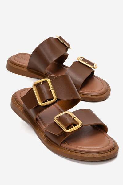 CCWAY AYAKKABI Women's Double Buckle Slippers Taba