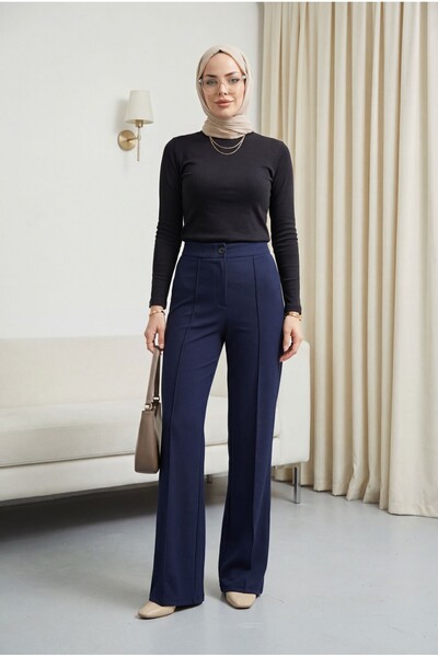 Modamorfo Παντελόνι Palazzo από Λύκρα με κουμπιά και ελαστική μέση - μπλε ναυ...