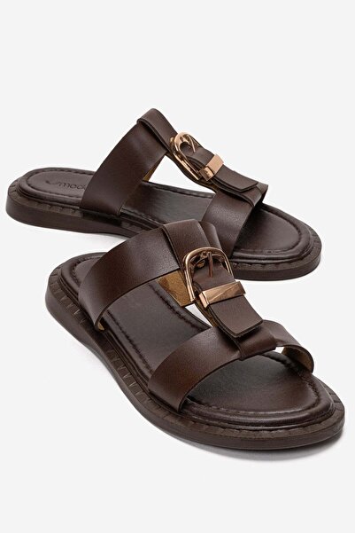 CCWAY AYAKKABI Women's 2-Piece Buckle Slippers Brown