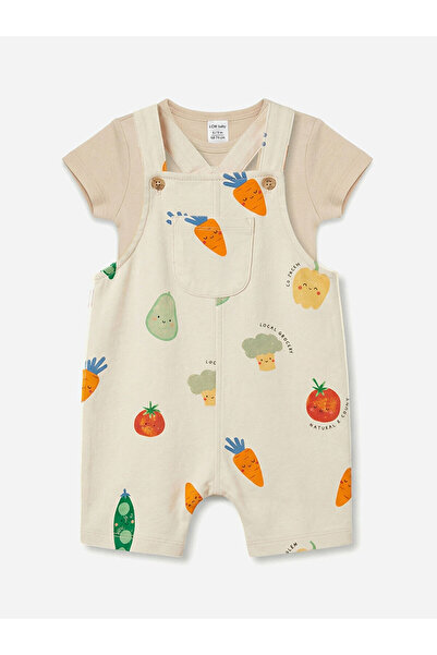 LC Waikiki Beige Printed Baby Boy Salopet and T-Shirt