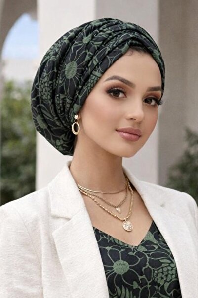 Aişe tesettür Χακί μαύρο καπέλο με μοτίβο και κορδόνι περίσφιξης