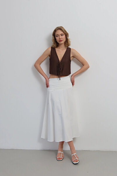 Lusin Γυναικεία Λευκή Καλοκαιρινή Φούστα με Λεπτομέρεια Κορδόνι Σύσφιξης, Ψηλ...