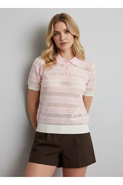 Park Karon 12477 Γυναικεία πλεκτή μπλούζα με γιακά πόλο, ριγέ και διάτρητο σχ...