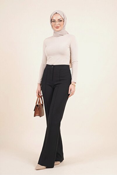 Modamorfo Παντελόνι Palazzo από Λύκρα με κουμπιά και ελαστική μέση - μαύρο