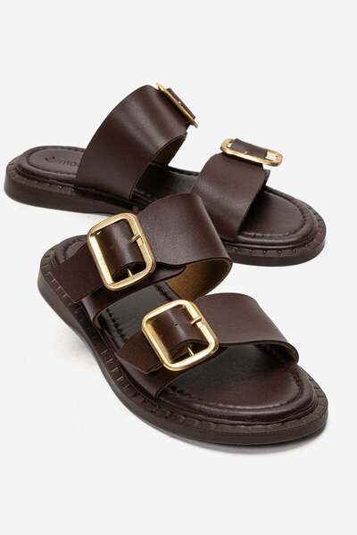 CCWAY AYAKKABI Women's Double Buckle Slippers Brown