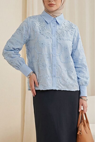 Modamorfo Πουκάμισο Mira με κεντημένα λουλούδια και κουμπιά - Μπλε μωρού