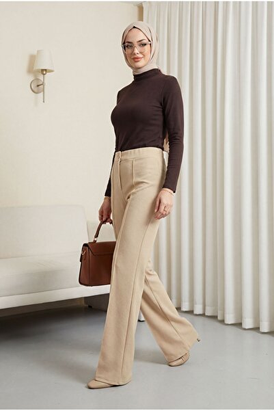 Modamorfo Παντελόνι Palazzo από Λύκρα με κουμπιά και ελαστική μέση - μπεζ