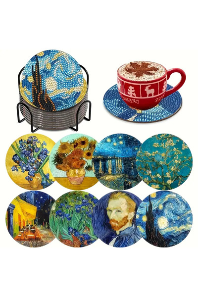 WoodenThings Van Gogh Temalı DIY Elmas Boyama Bardak Altlığı Seti - 8 Parça, ...