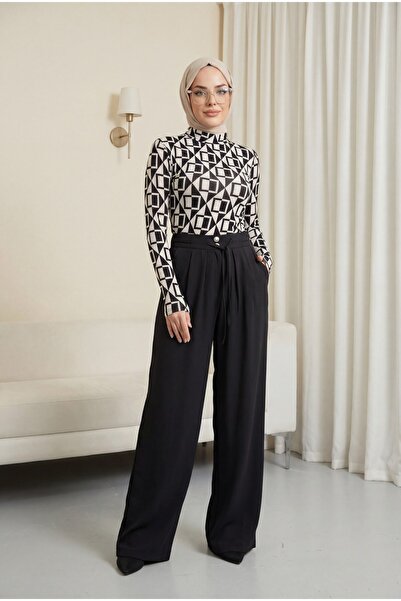 Modamorfo Ψηλόμεσο παντελόνι από τένσελ με διπλά κουμπιά και κορδόνια στη μέσ...