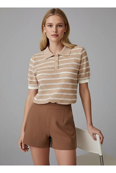 Park Karon 12477 Γυναικεία πλεκτή μπλούζα με γιακά πόλο, ριγέ και διάτρητο σχ...