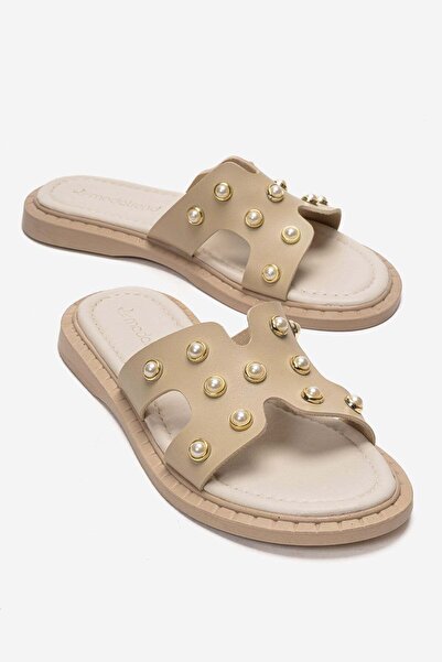CCWAY AYAKKABI Women's Pearl Slippers Beige