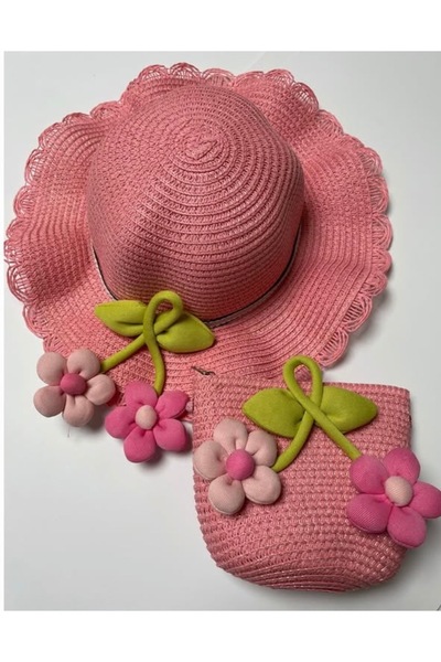 moimaaksesuar Girl's Straw Hat and Bag Set Pink Floral Summer Combination 3-9 Years Old