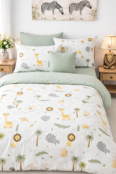 NİĞTEX Σετ παιδικού κρεβατιού με μονόχρωμο σχέδιο Safari, από ελαστικό βαμβάκι