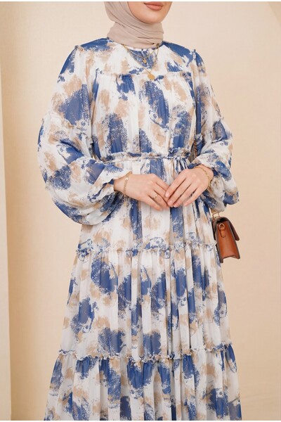 Modamorfo Φόρεμα σιφόν με σχέδια, με κορδόνια και επένδυση - ινδιγκό