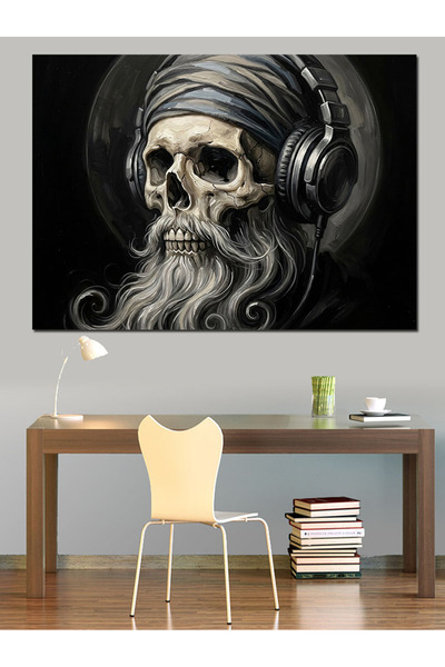 Artmeg Pânză decorativă modernă cu craniu, cu căști și barbă - Tablou din lem...