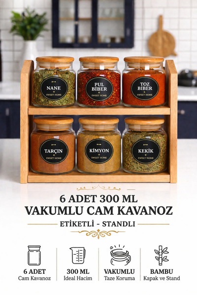 Karçiçeği Home مجموعة توابل زجاجية مكونة من 6 قطع بسعة 300 مل مع غطاء من الخي...