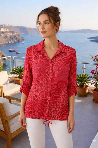 Butik Şans Women's Patterned Sequin Pocket Viscose Shirt Blouse
