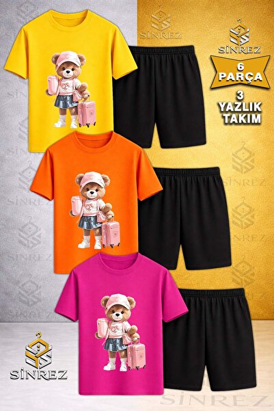 SİNREZ Children's Girls with Teddy Bear Suitcase Printed Crew Neck 3-Piece T-...