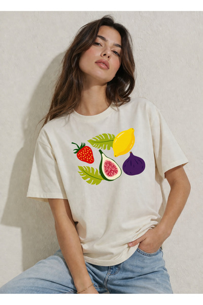 FREAK T-SHIRT Women's Ecru Oversize T-Shirt – Modern Graphic Print, 100% Cott...