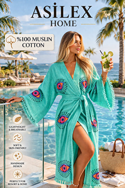 Asilex Home Collection Υπερμεγέθες κιμονό από μουσελίνα, καφτάνι γυναικείο 10...