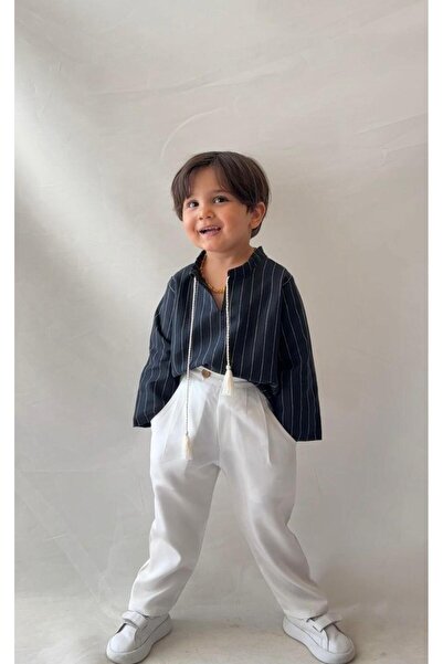 bohemiankids baby wear Erkek Çocuk Lacivert Çizgili Keten Üst ve Beyaz Pantol...