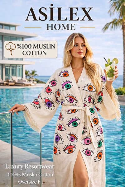 Asilex Home Collection Υπερμεγέθες κιμονό από μουσελίνα, καφτάνι γυναικείο 10...