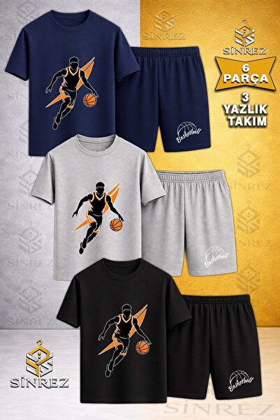 SİNREZ Çocuk BASKETBOLCU TOP TURUNCU SIYAH Baskılı Bisiklet Yaka 3 Lü Tişört ...
