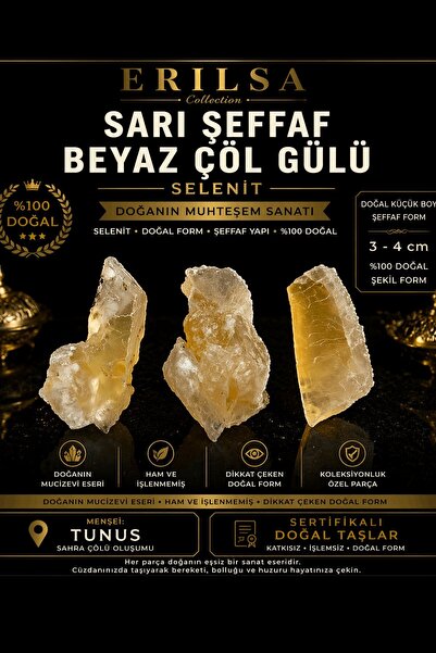 Erilsa Sertifikalı Sarı Şeffaf Beyaz Çöl Gülü Selenit Taşı 3-4 cm Doğal Krist...