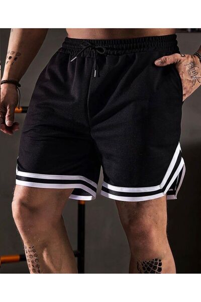 HerTarzınTrendi Ανδρικό μαύρο χτενισμένο βαμβακερό σορτς αθλητικό βερμούδα με...