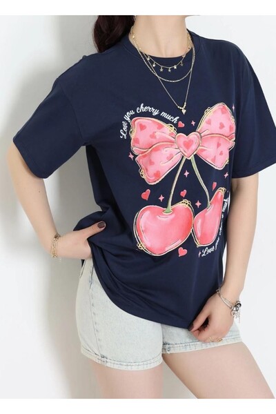 Lario Love You Chryy Navy Blue Printed Oversized T-Shirt