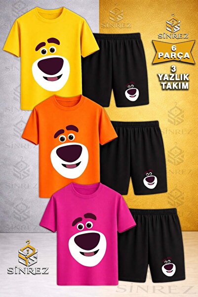 SİNREZ Children's Bear Smiling Face Printed Crew Neck 3-Piece T-Shirt - Short...