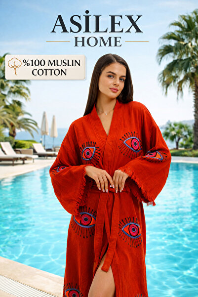 Asilex Home Collection Υπερμεγέθες κιμονό από μουσελίνα, καφτάνι γυναικείο 10...