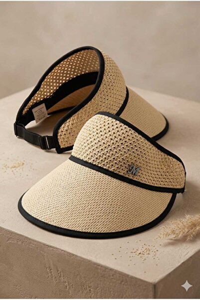 WOHOME Γυναικείο καπέλο από ψάθινο πλέγμα με ρυθμιζόμενο φαρδύ γείσο-Λογότυπο M