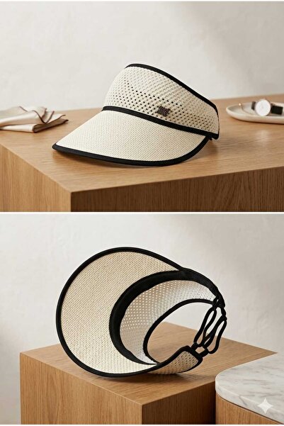 WOHOME Γυναικείο καπέλο από ψάθινο πλέγμα με ρυθμιζόμενο φαρδύ γείσο-Λογότυπο M