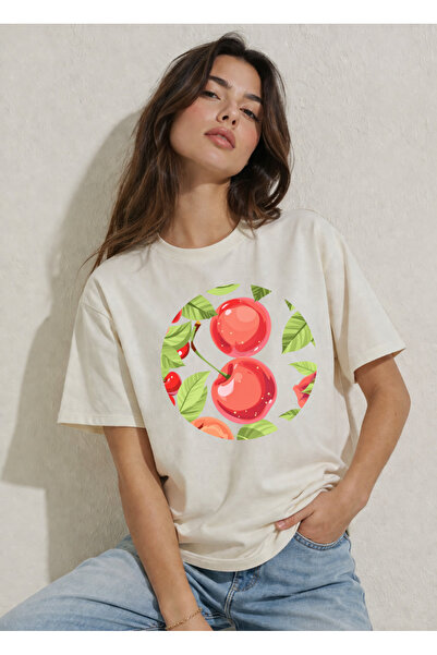 FREAK T-SHIRT Women's Ecru Oversize T-Shirt – Modern Graphic Print, 100% Cott...