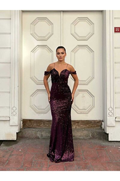 WoolnClyde Γυναικείο μωβ φόρεμα με κορδόνια, ανοιχτό στους ώμους, με λαιμόκοψ...