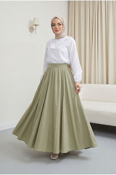 Modamorfo Καλοκαιρινή λινή φούστα με φερμουάρ και επένδυση -χακί