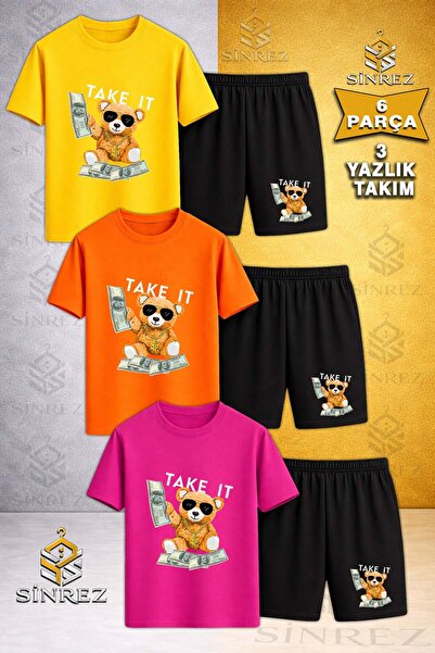 SİNREZ Children's Ayicik Take It White Printed Crew Neck 3-Piece T-Shirt - Sh...