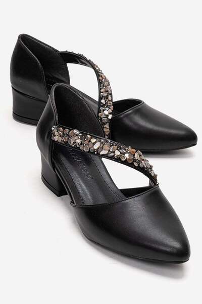 CCWAY AYAKKABI Γυναικεία πέδιλα με παπιγιόν και πέτρινο τακούνι ΜΑΥΡΟ ΔΕΡΜΑΤΙΝΟ