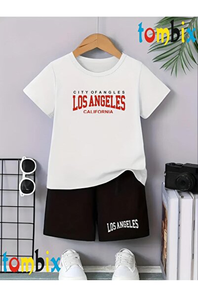 tombix Red Losangeles Text Printed T-Shirt Shorts Summer Children's Set