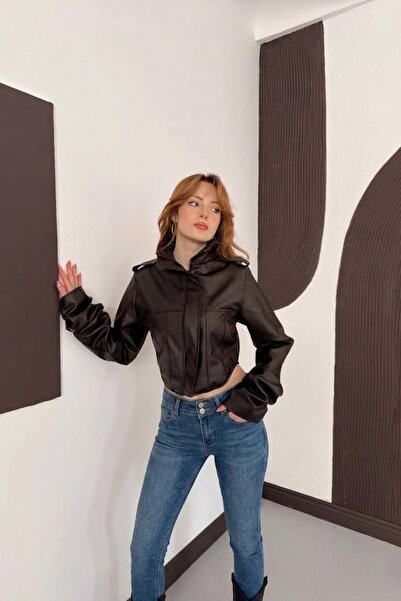 Jaglion Νέα Συλλογή Γυναικείο Δερμάτινο Μπουφάν Biker Crop με Λεπτομέρεια Κορ...